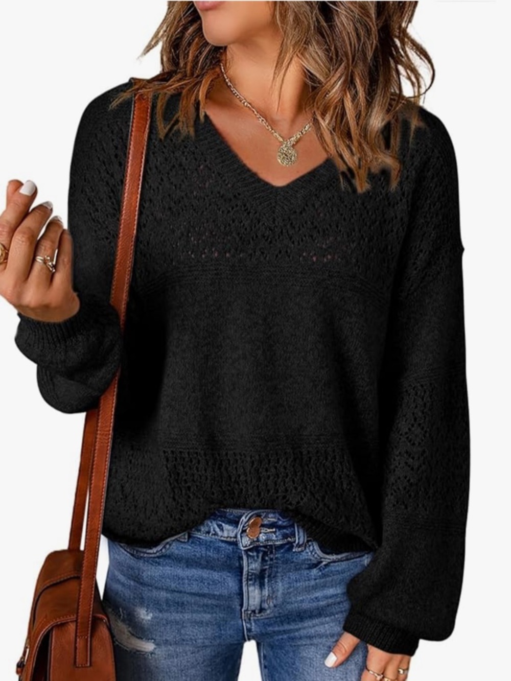 SHEWIN Women's Long Sleeve V Neck Crewneck  Crochet Pullover Sweater